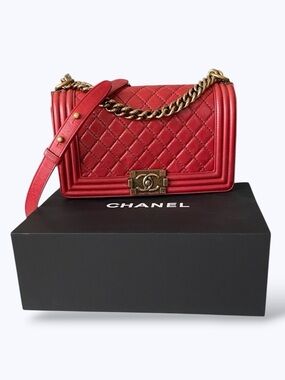 Chanel Boy Red Medium Bag Gold Hardware Comes Full Set: COA, Dust Bag, Box